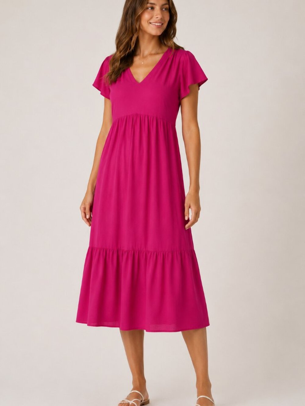 Chic Fuchsia Spring Flowy Pink 🩷 Midi Dress